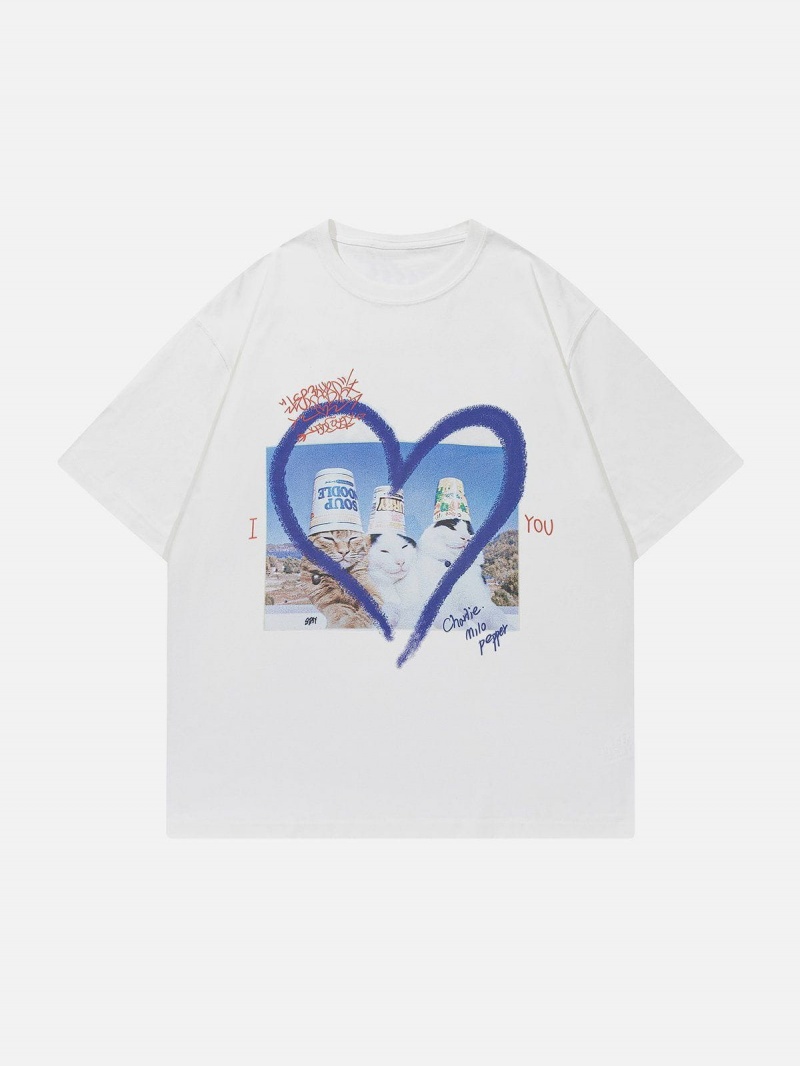 T Shirts Aelfric Eden Heart Cat Print Tee Bleu | HAD-25723028